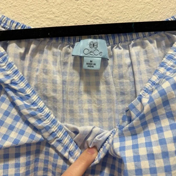 CeCe Light Blue Gingham Ruffle Sleeve Blouse - Picture 3 of 4